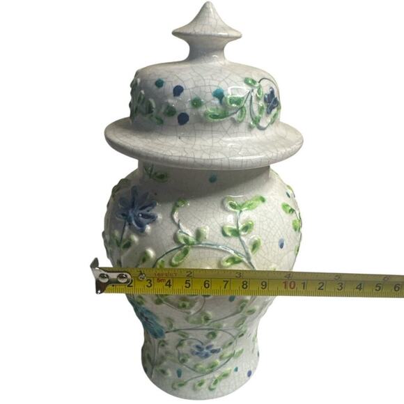 Italian Ceramic Ivory Flowers & Vines Blue Green Crazes Temple Jar 10"H - Picture 7 of 8